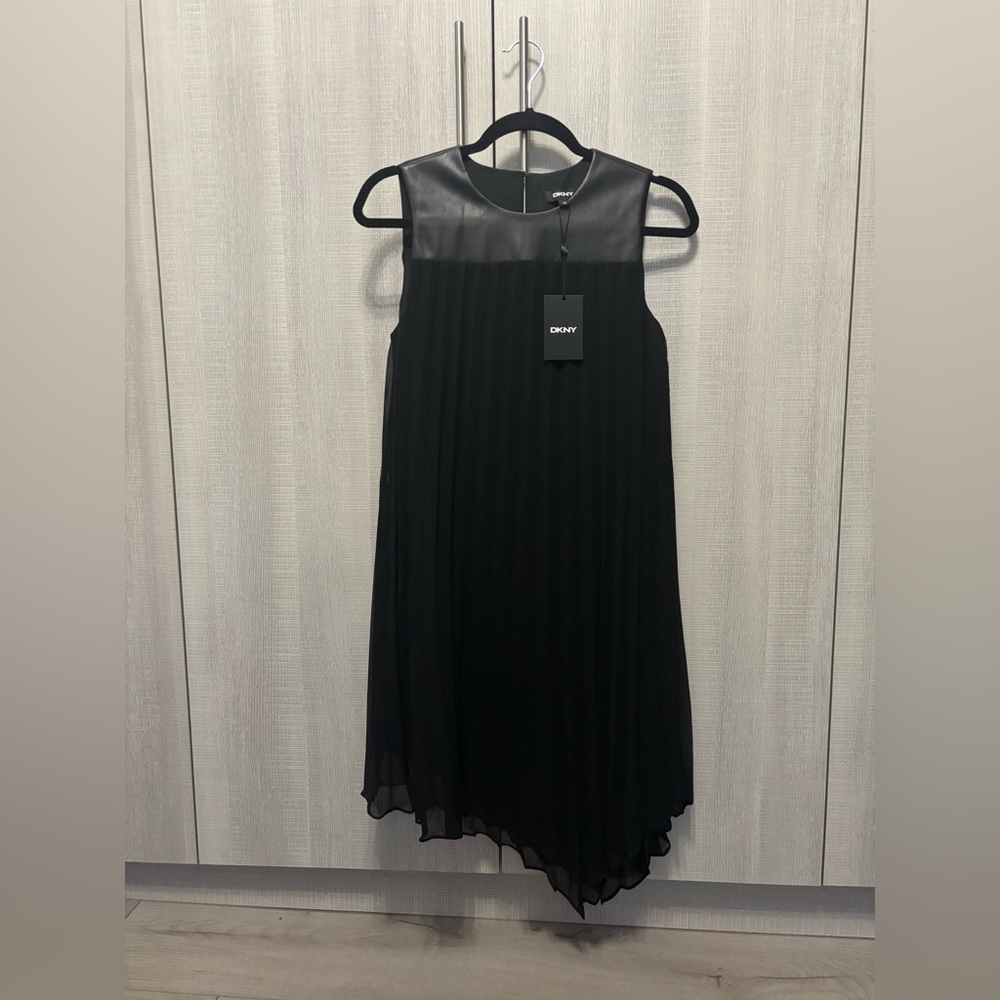 DKNY Asymmetrical Black leather chiffon pleated dress